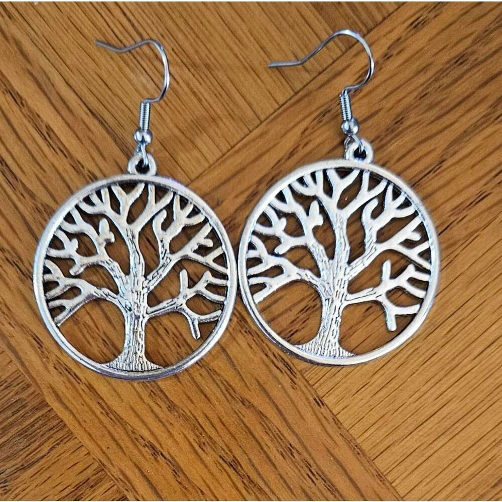 Tree of Life Earrings Silver in Color 2 inches